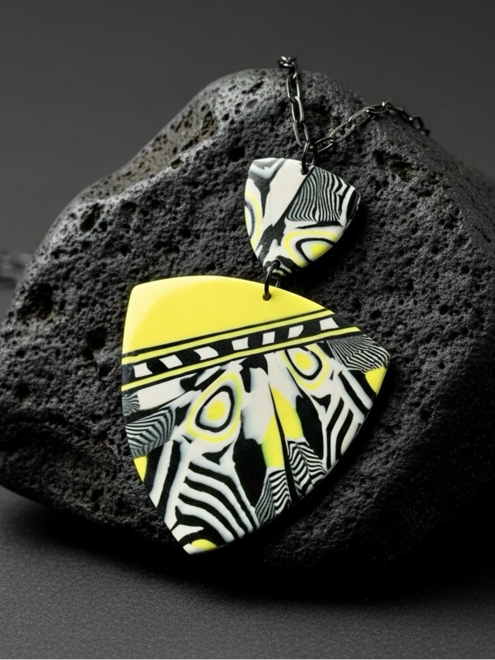 Handmade Yellow Black White Graphic Polymer Clay Statement Pendant Necklace